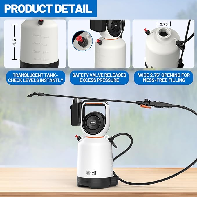 Litheli 20V Cordless Garden Sprayer 1.3 Gallon/4.75L Pump Sprayer Intelligent Pump Pressure Control 2 Spray Modes for Spraying Plants Garden Watering with 2.0Ah Battery Included