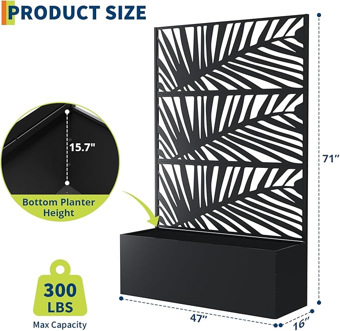 Large Metal Raised Garden Bed Planter Box with Trellis – Deep 15.8 for Climbing Plants Vegetables Privacy Screen Drainage Holes Modern Outdoor – 118x40x180cm Palm Leaf Design