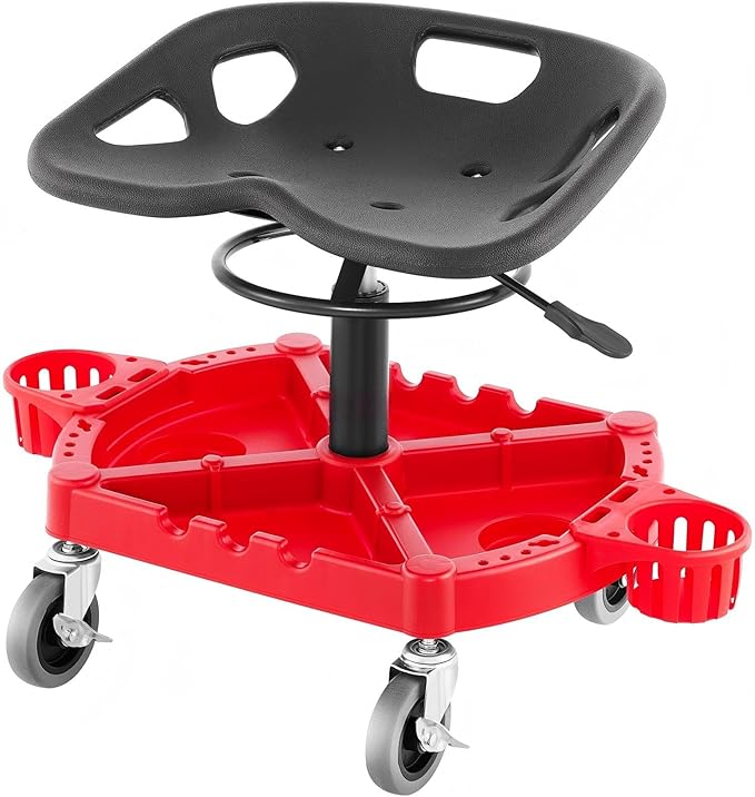 Rolling Garage Stool 300Lbs Capacity Adjustable Height 18-23In 360° Swivel Wheels 4 Large Tool Tray with Two Bottle Holders for Workshop Auto Repair Shop Red