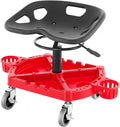 Rolling Garage Stool 300Lbs Capacity Adjustable Height 18-23In 360° Swivel Wheels 4 Large Tool Tray with Two Bottle Holders for Workshop Auto Repair Shop Red