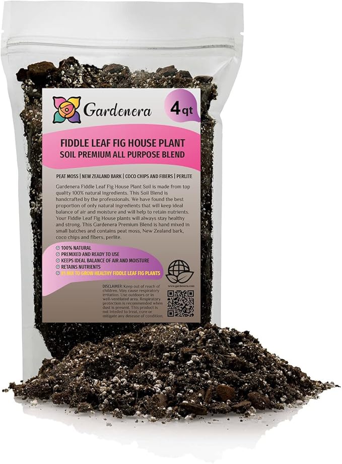 Gardenera Fiddle Leaf Fig House Plant Soil Premium All Purpose Blend - Peat Moss New Zealand Bark Coco Chips and Fibers Perlite - 4 Quart Bag