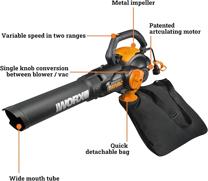 WORX Trivac 3 in 1 Electric Leaf Blower for Lawn Care Leaf Vacuum with 600 CFM Leaf Mulcher with Metal Impeller WG512