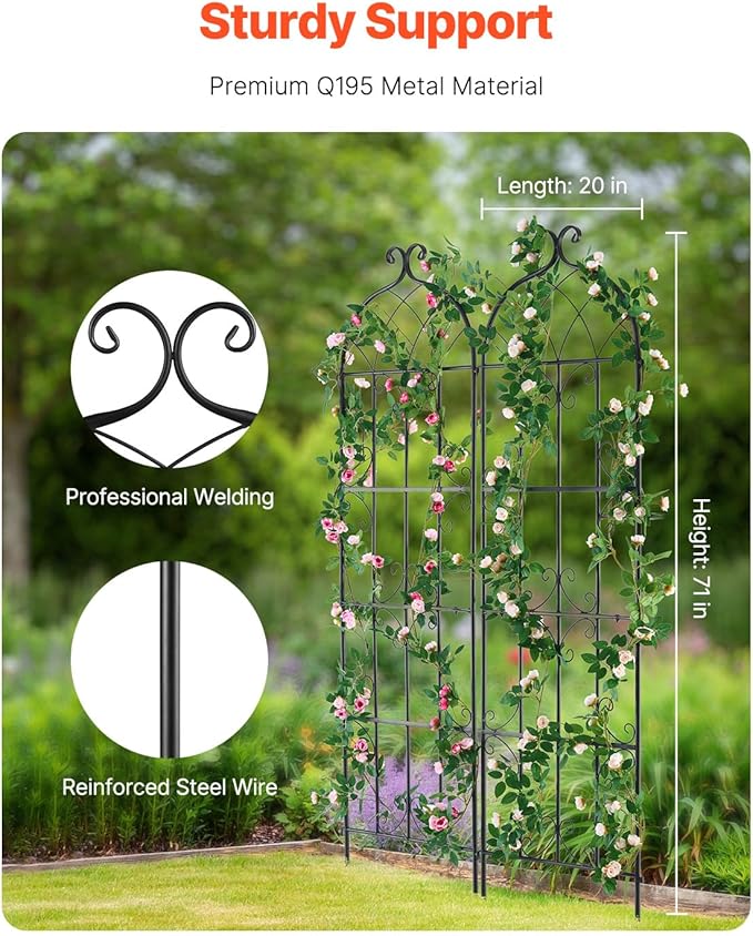VEVOR 71 x 20 in 2 Packs Rustproof Metal Garden Flower Trellis Outdoor Climbing Rose &amp Cucumber Support Decorative Clematis Trellis for Courtyards &amp Lawns