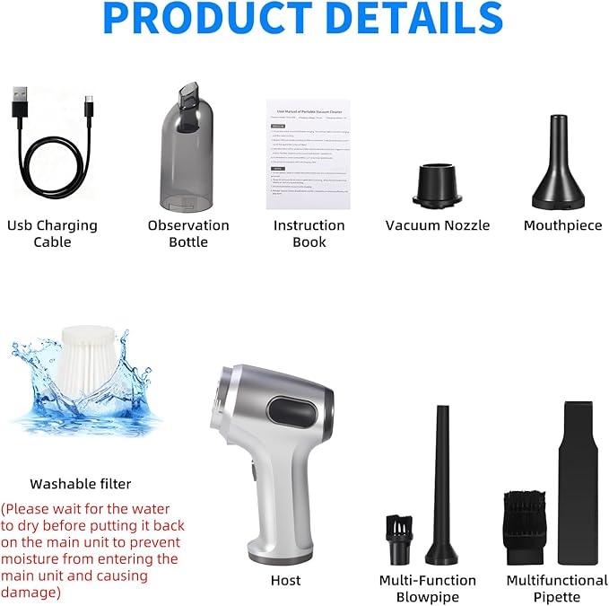 Bug Vacuum CatcherCordless Handheld Vacuum Cleaner RechargeableHigh Power Portable Bug Catcher Handheld Vacuum Cordless Indoor with LED FlashlightSmall Spider Catcher Use for Home Car (Silver)