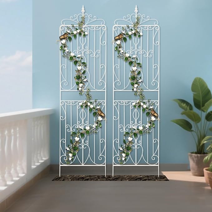 2 Pack Iron Garden Trellis for Climbing Plants 93 Heavy Duty Rustic Scrollwork Panel for OutdoorRose Vines Cucumbers Support Greenhouse Flowerbed Backyard (White)