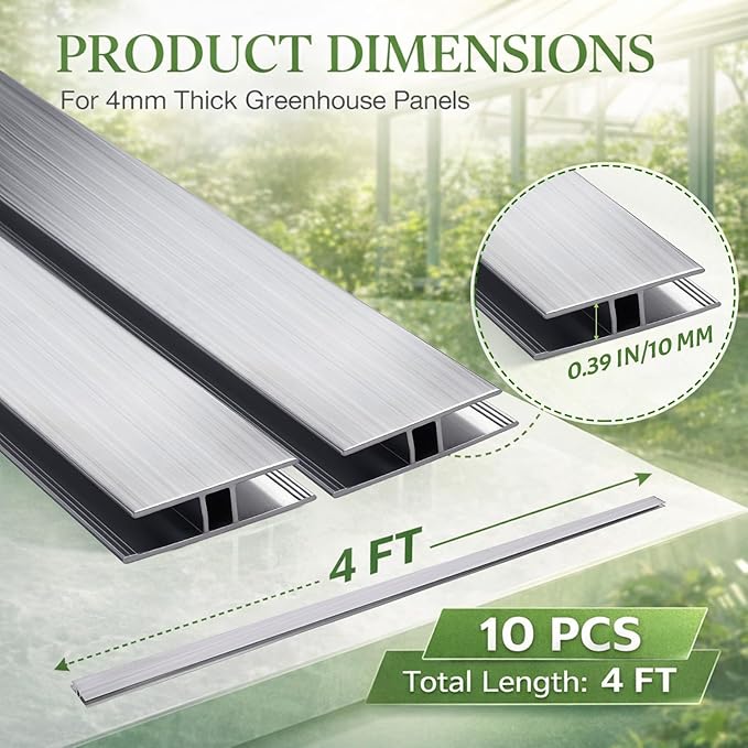 Duraaamo 10 Pcs 4 ft Aluminum H Connector Greenhouse Panels Fits 10 mm Polycarbonate Greenhouse Connector Silver H Channel Roofing Accessories Join 2 Pieces of Panels Together Prevent Dust Rain