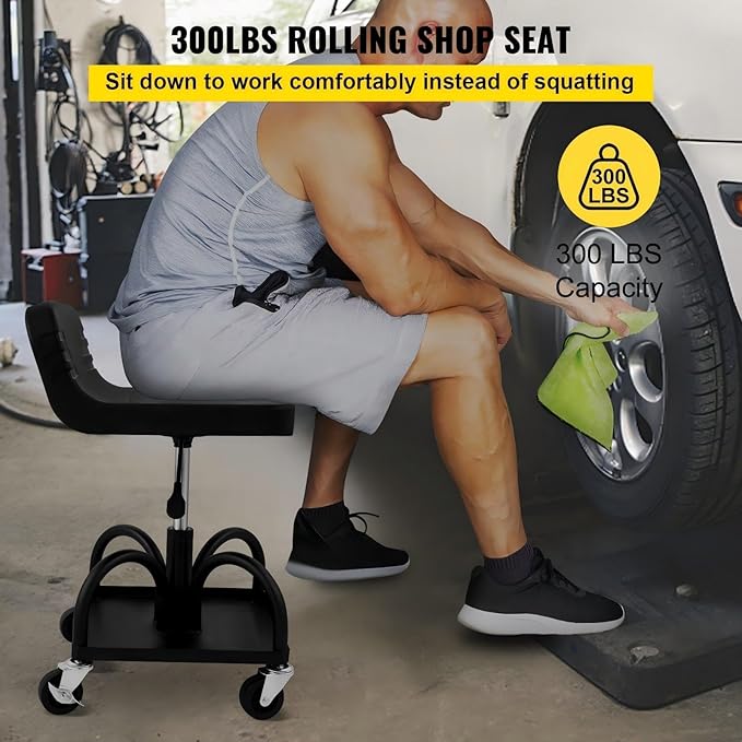 Rolling Garage Stool 300Lbs Capacity Adjustable Height 15.7-20.5 Inch Mechanic Seat with Tool Tray