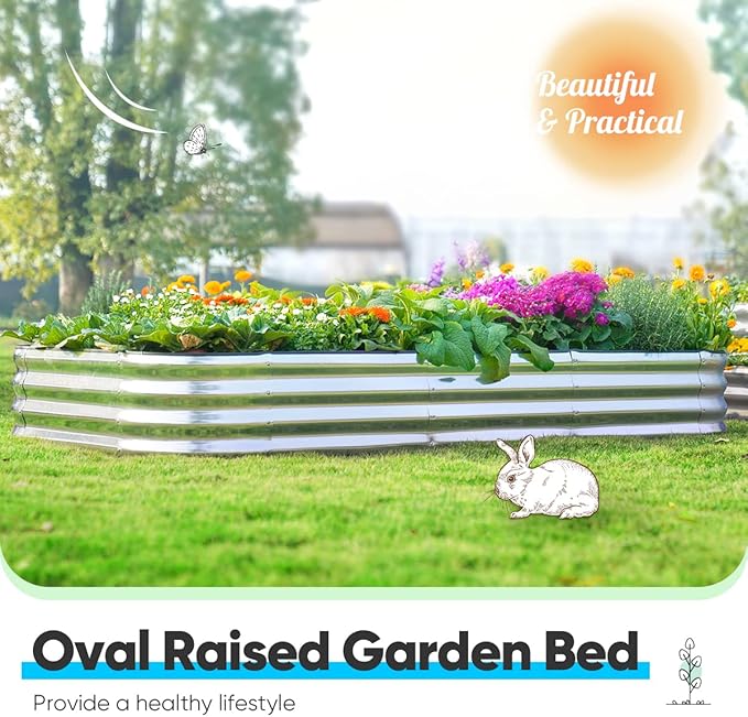 Quictent Galvanized Raised Garden Bed Kit 8x4x1 ft Oval Metal Planter Box for Vegetables Rubber Strip Edging Included (Silver)
