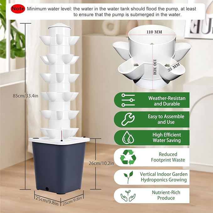 Aeroponics Kit Hydroponic Tower Garden Hydroponic Tower 30 Planting Chambers Suitable for Herbs and Fruits Includes Water Pump/Adapter/Net Basin 5layers25holes