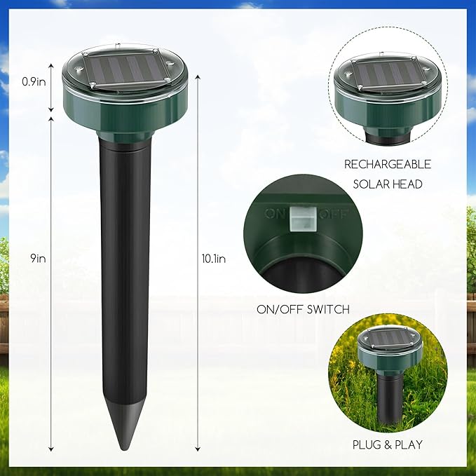 8 Pack Ultrasonic Solar Mole Repellent Gopher Repellent Waterproof Vole Chipmunk Groundhog Repellent Outdoor Sonic Spikes Rodent Repellent Mole Deterrent Snake Repellent for Yard Lawn