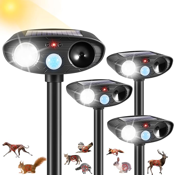 4Pack Ultrasonic Raccoon Repellent Outdoor Solar Animal Repellent with Motion Sensor&ampStrobe Light Cat Deterrent Outdoor Deer Repellent Device to Scare Skunk Squirrel Rabbit Repellent for Yard