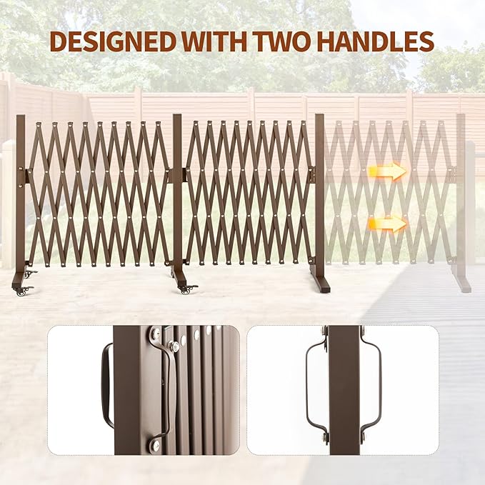 TECSPACE Aluminum Expandable Garden Fence Portable Barricade Gate with Casters Adjustable Retractable Fence Mobile Barricade Safety Barrier (Brown 201×15×41 inch)