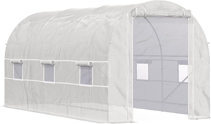 【LuckyNote】 15' x 7' x 7' Walk-in Tunnel Greenhouse Large Garden Hot House Kit with 6 Roll-up Windows &amp Roll Up Door Steel Frame White