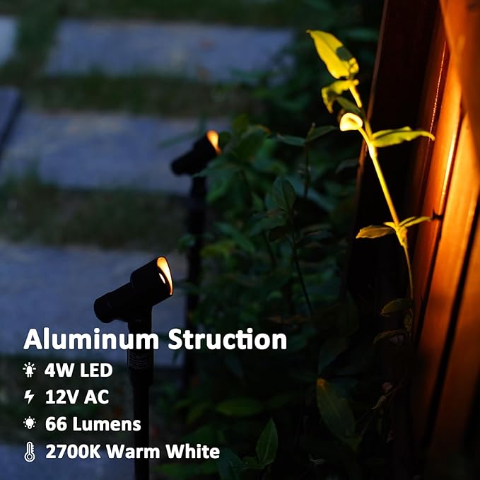 Low Voltage Spotlights 8PK Landscape Lighting LED 2700K Warm White 4W 66 Lumens Outdoor Lights Aluminum Housing Telescopic Post with Connector for Garden Yard Black Finish