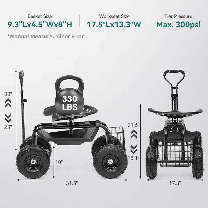 Rolling Garden Cart with 360° Swivel Work Seat Adjustable Height 10 Pneumatic Tires Tool Tray &amp Storage Basket Extendable Handle Reduces Back &amp Spine Strain