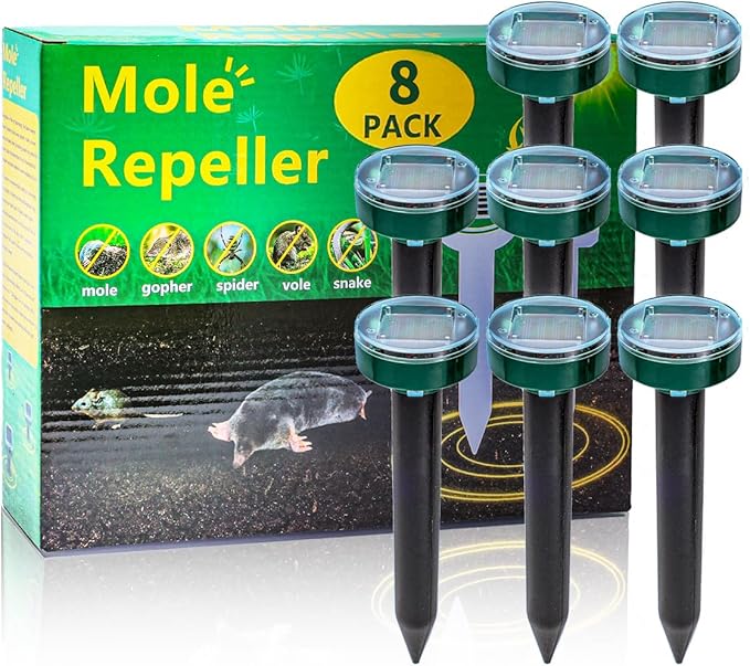 Upgrade 8PK Mole Repellent for lawns Gopher Repellent Ultrasonic Solar Powered Snake Repellent Deterrent Mole Repeller Vole Repellent Outdoor Lawns Garden Yard All Pests Sonic Spikes Stakes Chaser