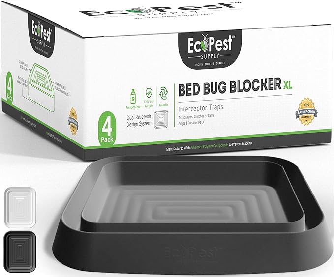 Bed Bug Interceptors – 4 Pack | Bed Bug Blocker (XL) Interceptor Traps (Black) | Extra Large Insect Trap Monitor and Detector for Bed Legs