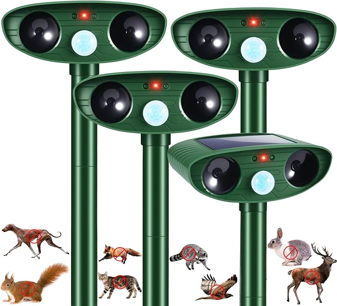 4 Pack 2026 Solar Ultrasonic Animal Repellent Cat Rabbit Deterrent Racoon Deer Repellent Devices with Motion Detection for Squirrel Dog Rodent Waterproof Skunk Repellent for Yard