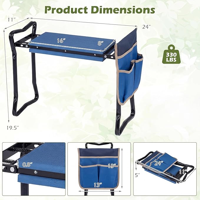 Goplus Garden Kneeler and Seat Heavy-Duty Garden Bench w/Large Tool Pouch Widen EVA Foam Kneeling Pad Portable Gardening Helper for Women Men Seniors Foldable Garden Stool for Kneeling &amp Sitti