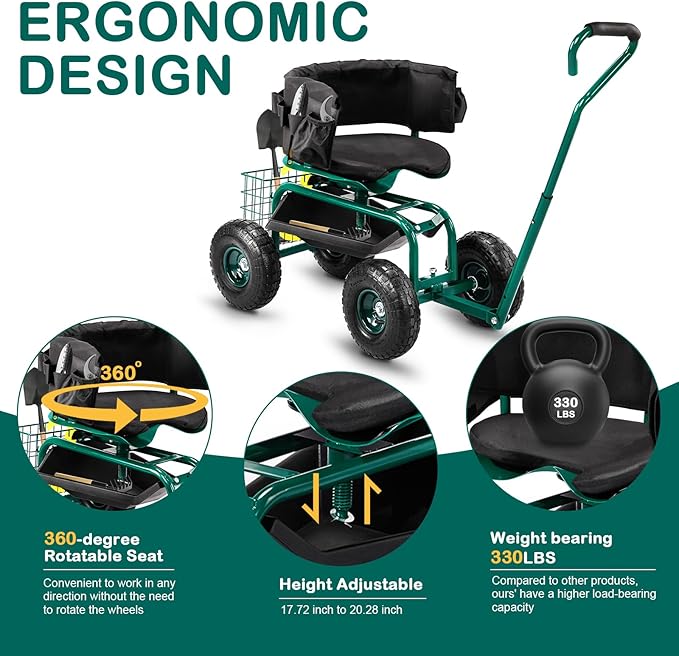 Bonnlo Rolling Garden Cart with Seat Extendable Handle Gardening Stool with Wheels Rustproof Rolling Work Seat with Extra Storage Space for Gardening/Planting/Outdoor (Green)