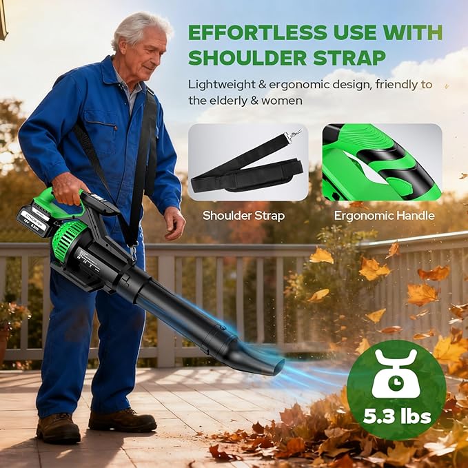 Leaf Blower Cordless with 2X 5500 mAh Battery and Charger 710 CFM/180 MPH Brushless Electric Leaf Blower with Shoulder Strap 3-Speed Modes Powerful Handheld Blowers for Lawn Garden Yard Care
