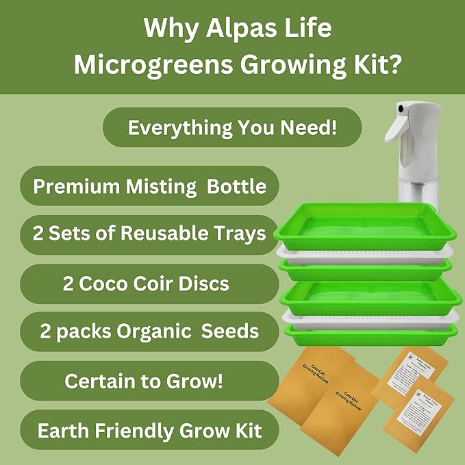 Complete Home Microgreens Kit - Organic Indoor Garden System - Includes 2 Sets of Reusable Trays Premium Spray Mister Coco Coir Growing Medium 2 Packs Organic Seeds – Radish and Broccoli
