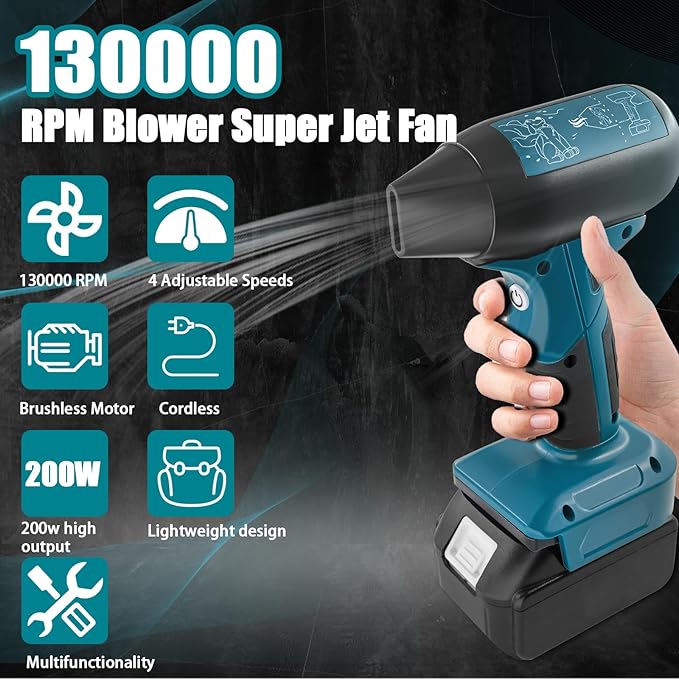 Jet Fan Mini Blower Compatible with Makita 18v Battery130000 RPM Cordless Air Duster with 4-Speed Control for Car Dust CleaningBBQ Leaf Cleaning Sofa's Pet Hair Cleaning（Battery not Included）