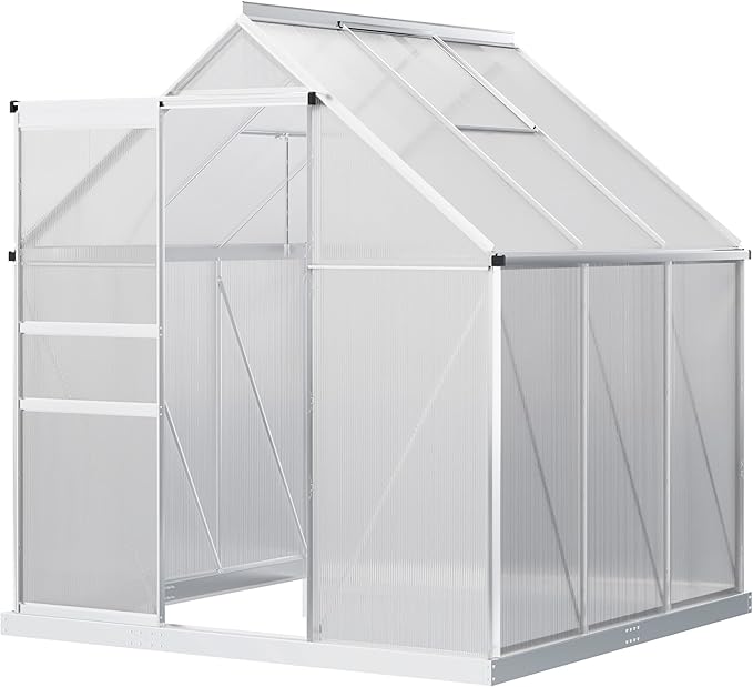 Outsunny 6' x 6' x 6.5' Polycarbonate Greenhouse with Adjustable Roof Vent Walk-in Heavy Duty Green House Kit with Aluminum Frame Sliding Door and Rain Gutter for Winter Silver