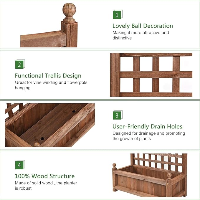 GRAFFY Wood Planter Raised Bed with Trellis Outdoor Raised Garden Bed Planter Box for Climbing Plants w/Drainage Holes Free-Standing Raised Planter for Patio Garden Yard