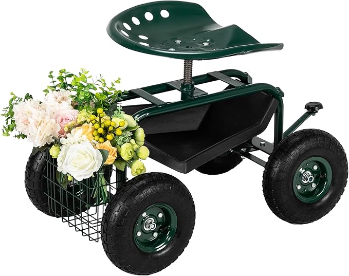 Rolling Garden CartGarden Cart Gardening WorkseatPatio Wagon Scooter Lawn Yard Patio Work Seat Gardening Stool Cart with Short Handle for Planting