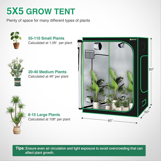 Yesker 5x5 Grow Tent 60x60x80 High Reflective Mylar Large Indoor Growing Tents 600D Oxford Cloth with Observation Window and Removable Floor Tray for Hydroponics Indoor Plants Fruit Flower Growing