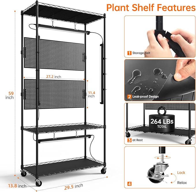Bstrip Plant Cabinet with Pegboard 3 Tier Plant Shelf with Grow Light Metal Plant Stand with 4 Pack 96W Grow Lights for Indoor Plant Foliage Plants Seed Starting 29.5x13.8x59
