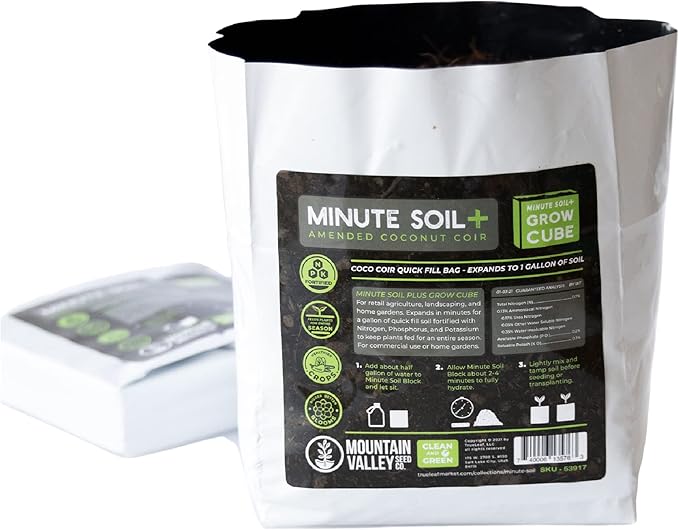 Minute Soil Plus Grow Cube - Amended Coco Coir Potting Soil - 1 Gallon Plastic Grow Bag - 3 Cubes - Self Contained Expanding Coconut Coir Grow Planter - Feeds Plants for an Entire Season