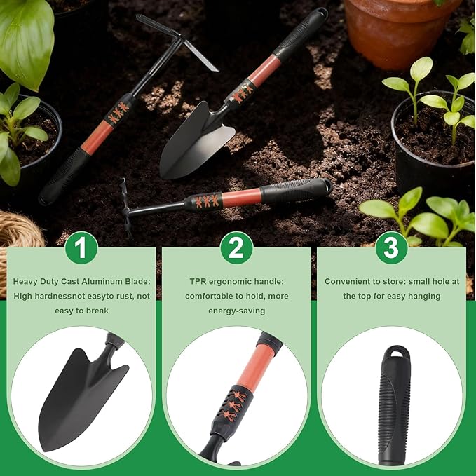 Garden Tool Set 3 Pack Lightweight Heavy Gardening Kit Including Hand Shovel Transplant Shovel and Hand Rake with Soft Rubber Non-Slip Handle for Planting Weeding Digging Orange ﻿
