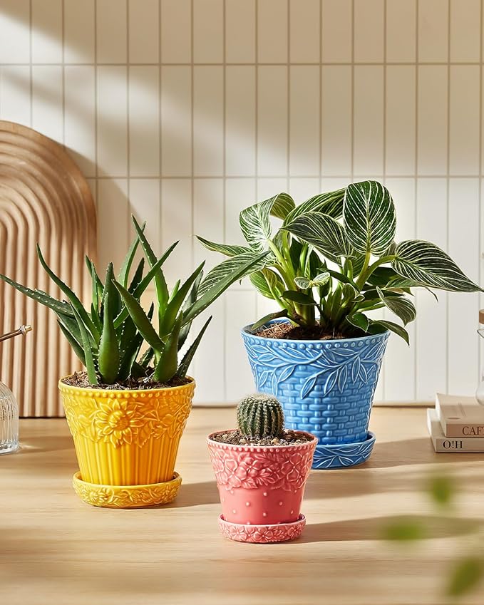 Ceramic Plant Pots 3.8+4.9+5.8 Inch Set of 3 Flower Pots with Drainage Hole &amp Saucer Embossed Planter Pots for House Plants Home Decor Set of 4 Assorted Colors