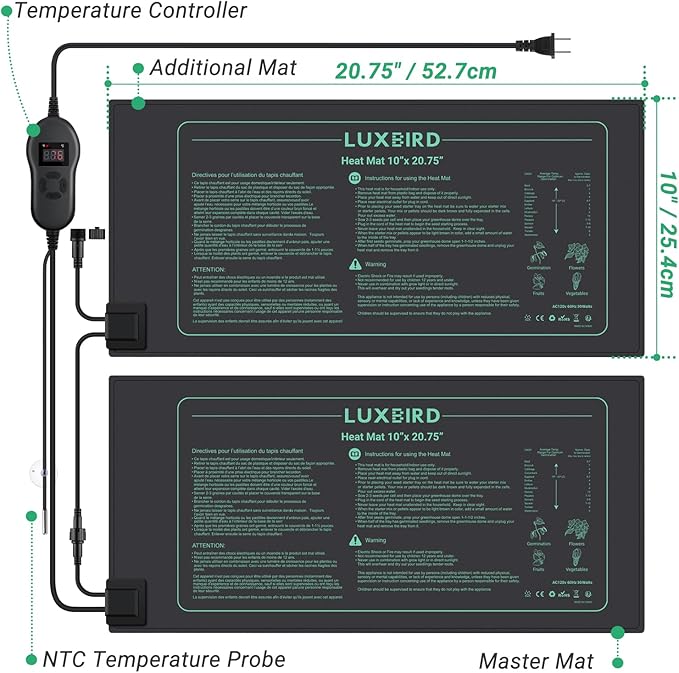 LUXBIRD 6 Pack 30W Seedling Heating Mats 10 x 20.75 with Thermostat Controller Idea for Seed Starting Germination Greenhouse (LB-HT06)
