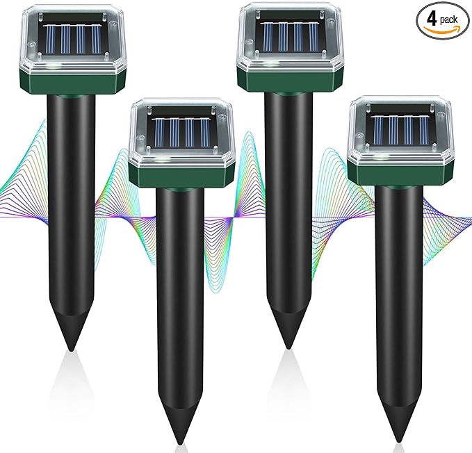 Mole Repellent Solar Powered Ultrasonic Repeller 4-Pack Waterproof Sonic Spikes Gopher Vole Groundhog Snake Chipmunk Mole Deterrent Get Rid of Moles in Your Yard (4)