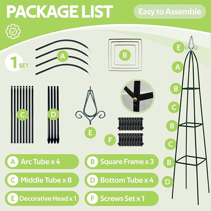 100% Metal Obelisk Trellis for Climbing Plants Outdoor - Heavy Duty Stone Coated Steel Garden Tower Trellis - Tall Sturdy Rustproof Vertical Plant Support for Climbing Vine Vegetables Flowers