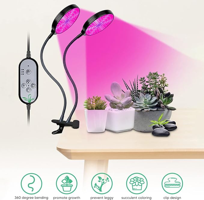 LED Plant Grow Lights 30W Double Head Adjustable Brightness Clip On Grow Lamp with 5 Level Timer for Indoor Plants Hydroponics Greenhouse Gardening