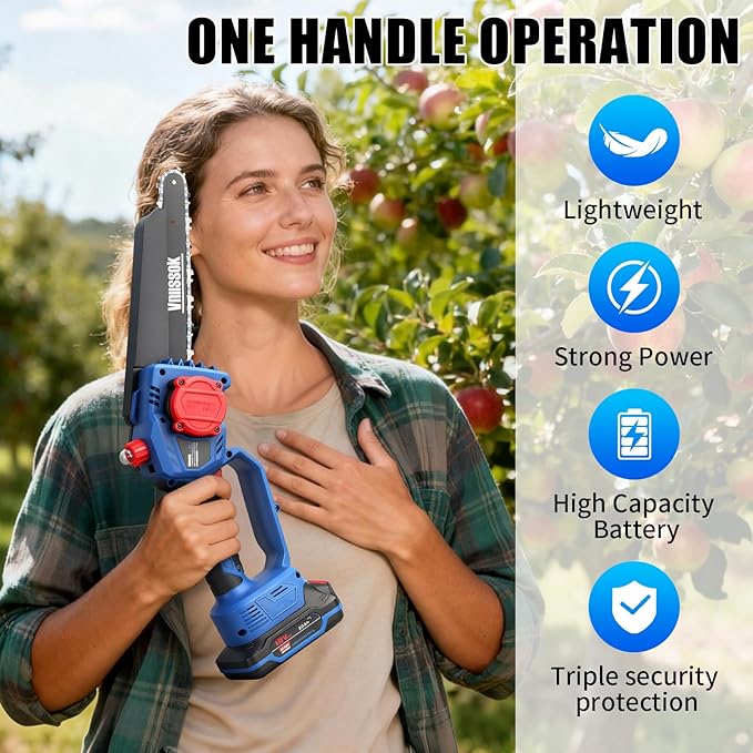 Mini Chainsaw 8 inch Cordless - Upgraded Handheld Electric Chainsaw with 2 Pack Batteries and Charger Electric Power Chain Saw with Oiler Garden Tools for Tree Trimming Wood Cutting