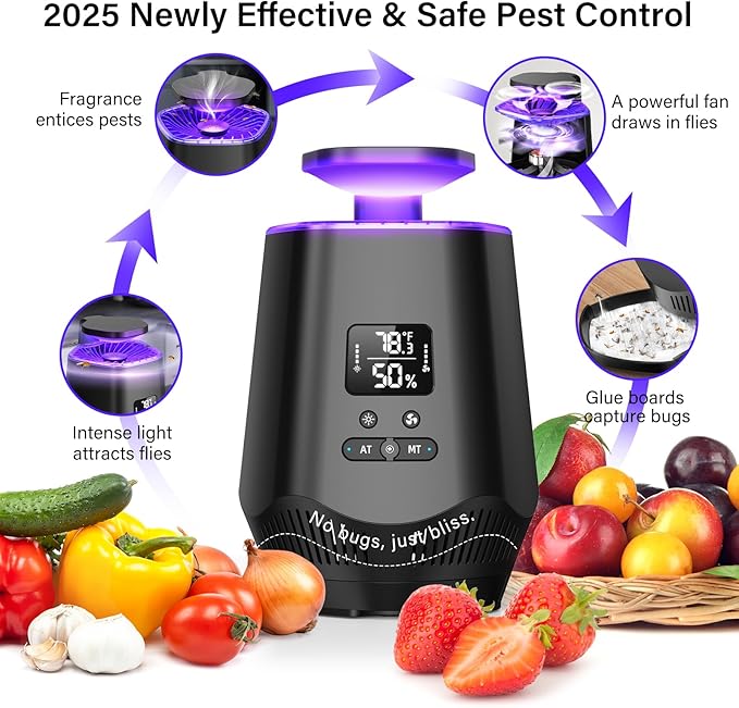 Fruit Fly Traps for Indoors Smart Fly Trap Indoor Bug Zapper Gnat Traps for House Indoor with Temperature and Humidity Sensor 10PCS Sticky Boards Black 01