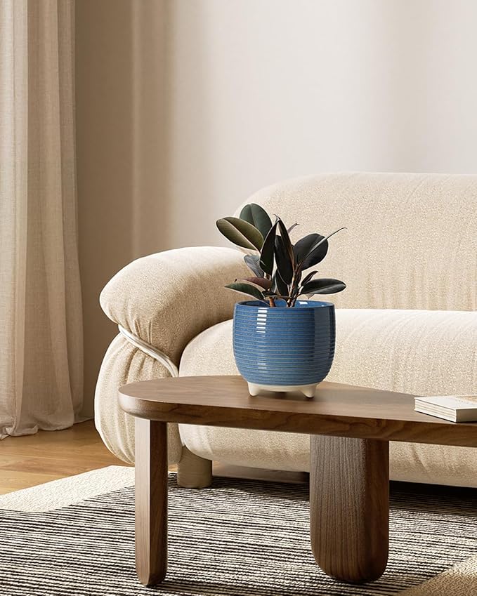 LE TAUCI Ceramic Plant Pots 5.1 + 6.4 Inch Footed Pots for Plants Modern Flower Pots for Home and Office Indoor Planters with Drainage Reactive Glaze Blue