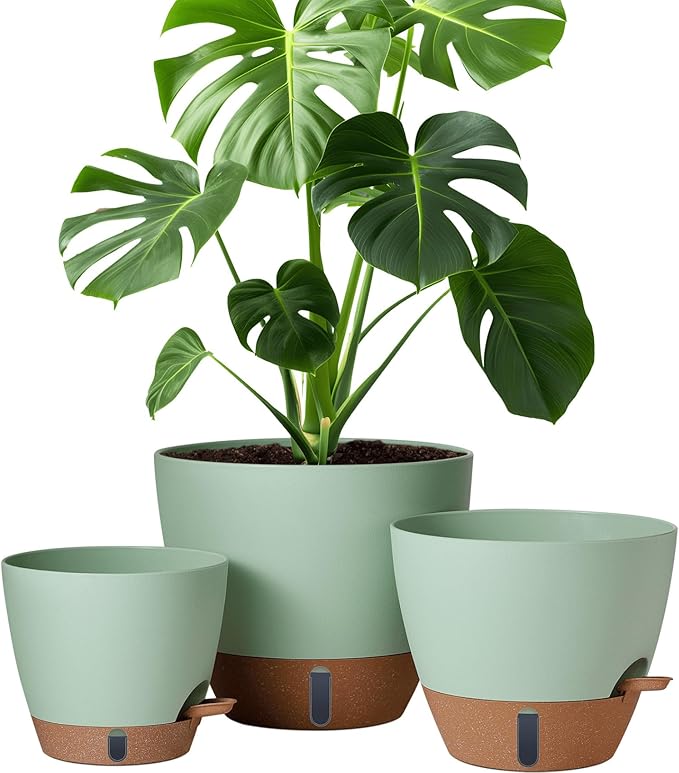 montresor 12/10/8 Inch Self Watering Pots for Indoor Plants Plastic Large Pot for Outdoor Plants Water Level Window &amp Spacious Reservoir Flower Pots Decorative Planter with Drainage and Tray