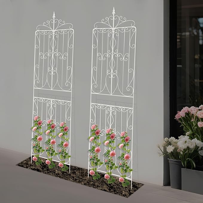 2 Pack Metal Garden Trellis Panel 93 H x 26 W Outdoor Decorative Flower Arched Fence Trellis for Climbing Plants Patio Wall Panel Climbing Rose Support for Yard Lawn (White)