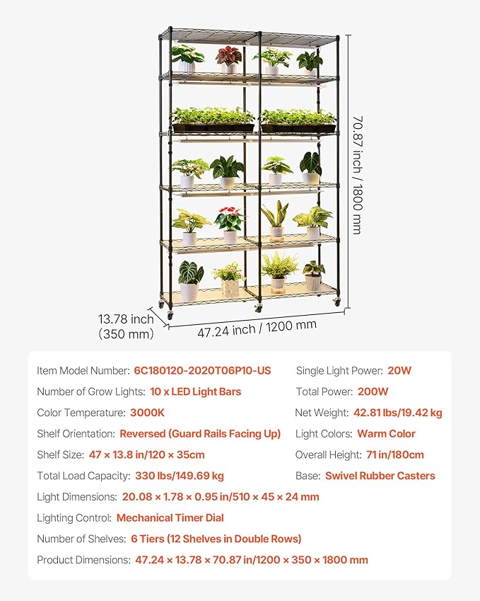 VEVOR Plant Shelf with Grow Light 6-Tier Double-Row Plant Stand 71in Tall Indoor Plants Display Rack with Wheels &amp Timer 200W Full Spectrum Grow Lights Metal Flower Pot Holder for Seed Startin