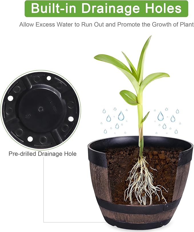 VECELO Plant Pots with Drainage Holes &amp Saucer 11.3 Inch Flower Pots with Tray 4 Pack Plastic Whiskey Barrel Planters for Indoor &amp Outdoor Garden Home Plants and Flowers