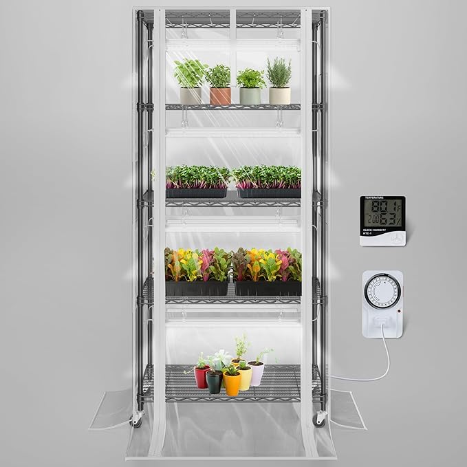 SOLIGT Indoor Greenhouse with Grow Lights - 5 Tier Plant Shelf &amp 8 x 2FT 6000K Full Spectrum Lights Thick PVC Cover Mesh Ventilation Mini Small Greenhouse Cabinet for Seed Starting Seedlings Gr