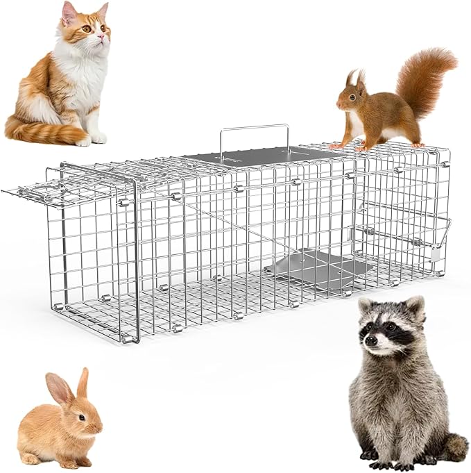 Live Animal Cage Trap 23.3x7.2x7.7 Inches Humane Cat Trap for Stray Cats Outdoor Heavy Duty Foldable Raccoon Traps Humane Catch &amp Release Live Traps for Rabbits Squirrels