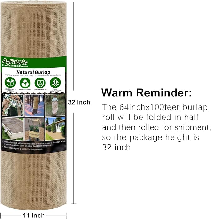 Agfabric 64 inch x100 Feet Garden Burlap Fabric Roll Burlap Tree WrapMultipurpose High Density Natural Jute Material for GardeningAisle RunnerCraftsWeed Barrier