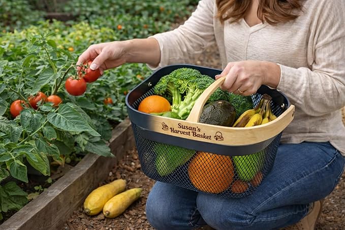 Harvest Basket Plastic Mesh Garden Hod with Personalized Bamboo Handle – Lightweight Vegetable Harvest Basket for Gardening Washing and Carrying Produce